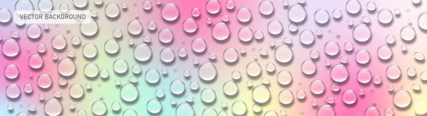 Abstract Vector background with Transparent Water Drops on Bright Colorful Gradient Background.