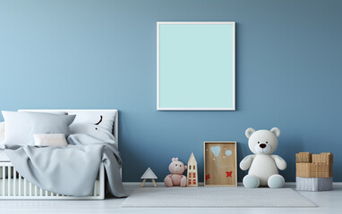 Mock up posters in child room interior, posters on empty blue wall background