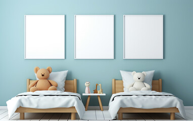 Mock up posters in child room interior, posters on empty blue wall background