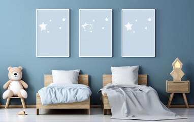 Mock up posters in child room interior, posters on empty blue wall background