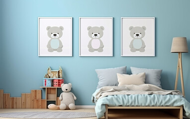 Mock up posters in child room interior, posters on empty blue wall background