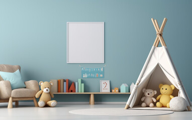 Mock up posters in child room interior, posters on empty blue wall background