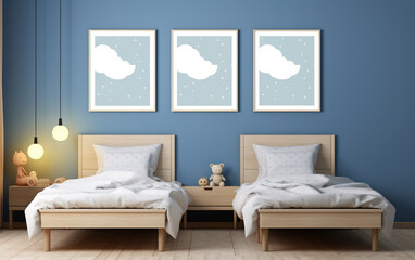 Mock up posters in child room interior, posters on empty blue wall background