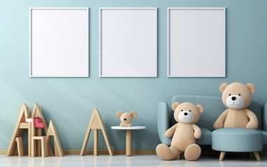 Mock up posters in child room interior, posters on empty blue wall background