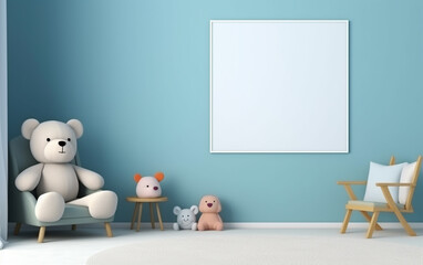 Mock up posters in child room interior, posters on empty blue wall background