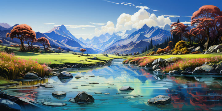Surrealistic fantasy landscape of a pond