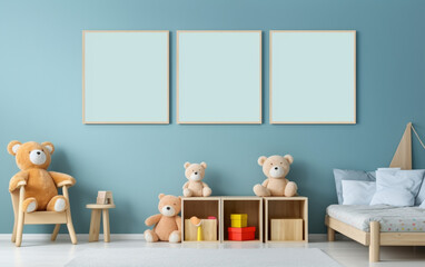 Mock up posters in child room interior, posters on empty blue wall background