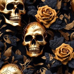 3D seamless pattern, skulls and roses. Halloween pattern wrap background. High quality photo