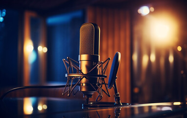 Fototapeta na wymiar Modern professional microphone in recording studio