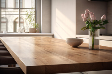 Empty Wooden Table with Blurred Modern Kitchen in the Background