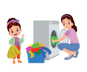 Fototapeta na wymiar girl washing clothes with washing machine