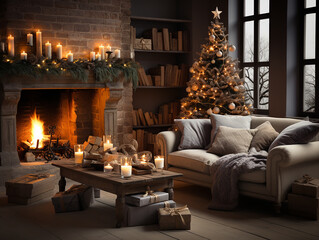 decoration of a house with fireplace at christmas time