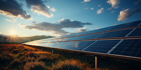 view of a field of solar panels at sunset