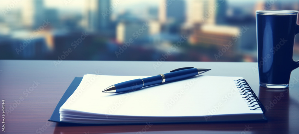 Wall mural Notepad on a table with pen before meeting, blue tone, business concept with copy space