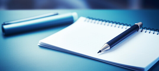 Notepad on a table with pen before meeting, blue tone, business concept with copy space