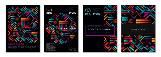 Abstract set placards, posters, flyers, banner designs with 3d gradient  lines.  Geometric concert invitation set. Future geometric pattern.