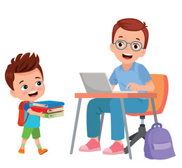 father and cute boy working with computer
