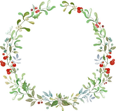 Watercolor Christmas wreath with holly, mistletoe and berries. Illustration for greeting floral postcard and invitations isolated on white background. Vector EPS.