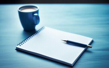 Notepad on a table with pen before meeting, blue tone, business concept with copy space