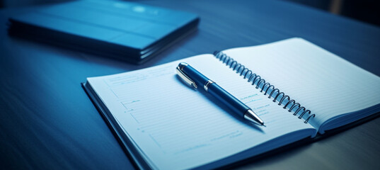 Notepad on a table with pen before meeting, blue tone, business concept with copy space