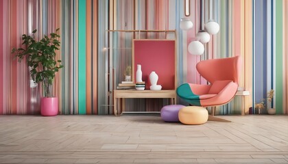 Retro striped pastel multi-color vibrant groovy abstract minimal wall frame with bright armchair decor