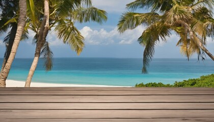 Wooden table with sea, island, and blue sky in the background