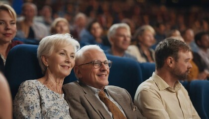 Senior couple embraced in a movie theatre enjoying the show
