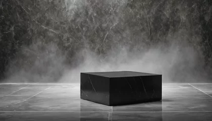 Schilderijen op glas Dark room with smoke featuring an empty black marble table podium and black stone floor © ibreakstock