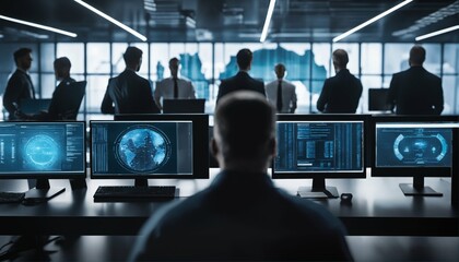 Advanced encryption and biometric access in futuristic cybersecurity workspace with security team