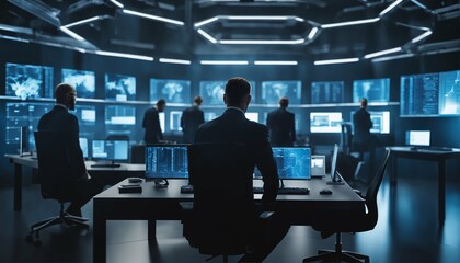Fototapeta na wymiar Security team in futuristic cybersecurity workspace with advanced encryption and biometric access