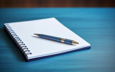 Notepad on a table with pen before meeting, blue tone, business concept with copy space