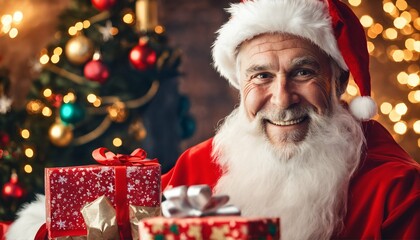 Fototapeta na wymiar Festive Santa Claus portrait with beautiful bokeh background - happy, holiday, Christmas