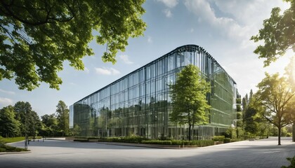 Eco-Friendly Glass Office: Sustainable Building with Trees and Green Environment