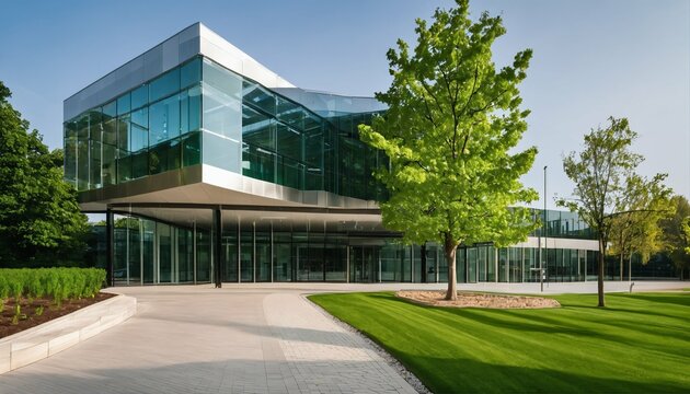 Eco-Friendly Glass Office: Sustainable Building with Trees and Green Environment