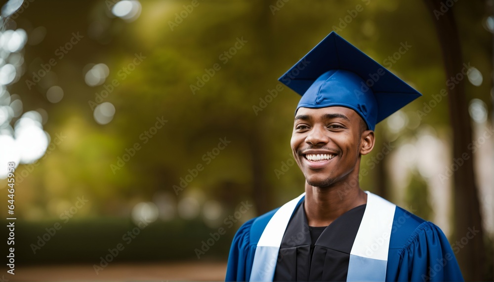 Sticker Handsome young african american graduate - blue cap, bokeh nature background, graduation success, happy student