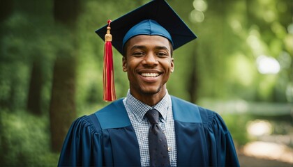 Graduation success of happy african american student - handsome young man, blue cap, bokeh nature background