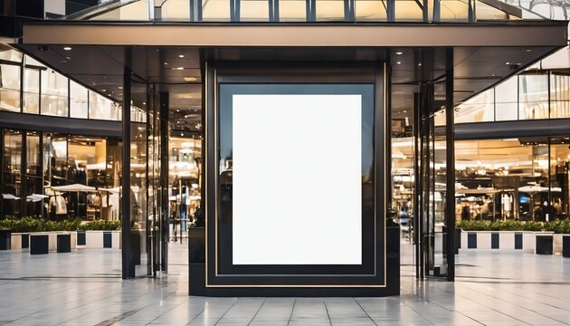 Outdoor luxury shopping mall with empty white billboard digital sign poster mockup for advertising, marketing, and template