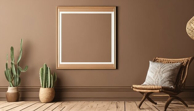 Vertical empty wood picture frame mockup in boho room with chair, potted cactus plants, lamp, and brown wall background for design, wall art, template