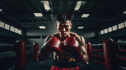 Male boxer wearing boxing gloves. Generative AI.