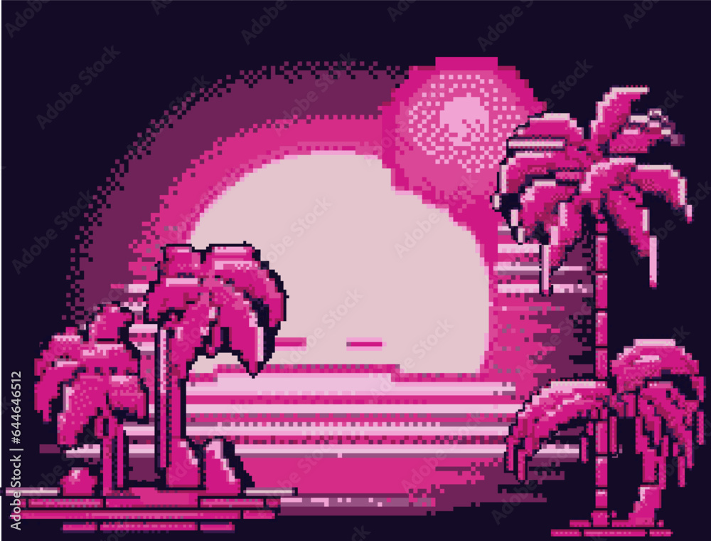Poster synthwave retro 8-bit pixel art landscape with palms and moon in neon colors.