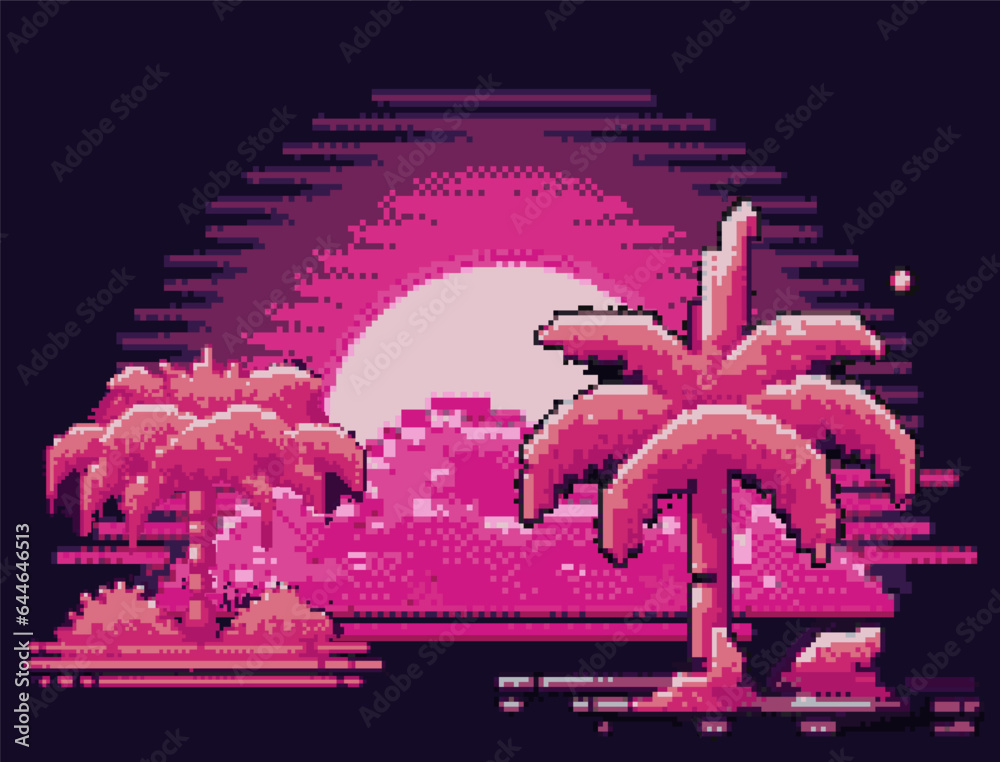 Poster Synthwave retro 8-bit pixel art landscape with palms and moon in neon colors.