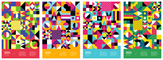 Abstract geometric bauhaus artworks. Simple shapes collage poster set. Memphis pattern background collection. Retro modern trendy graphic paintings. Vintage postmodern art print vector eps design