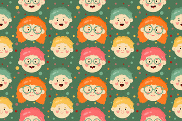 Seamless pattern with smiling cute faces of children.  Funny joyful cartoon smiling little kids with hearts, dots and glasses on green background