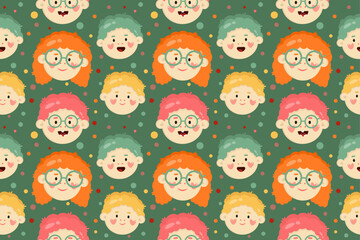 Seamless pattern with smiling cute faces of children.  Funny joyful cartoon smiling little kids with hearts, dots and glasses on green background