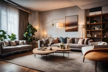 The cozy ambiance of an apartment's living room, with plush furnishings and soft, neutral colors 