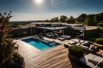 A mansion's expansive rooftop terrace, offering breathtaking views of the surrounding countryside 