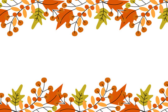 Vector Abstract rectangular frame border of autumn leaves and twigs in trendy seasonal hues. Isolate