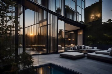 Fototapeta premium The modern elegance of an apartment's exterior, with sleek lines and floor-to-ceiling windows, bathed in soft evening light 