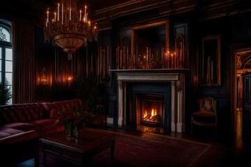 The warmth of a mansion's ornate fireplace, casting a cozy glow on a sophisticated evening 