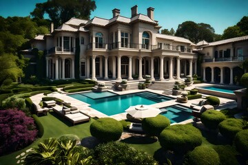 A mansion's sprawling backyard, complete with a pool, cabana, and meticulously landscaped gardens 